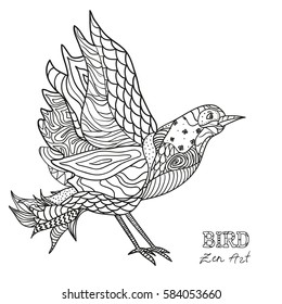Bird. Zen art. Design Zentangle. Hand drawn bird with abstract patterns on isolation background. Design for spiritual relaxation for adults.  Black and white illustration for coloring.