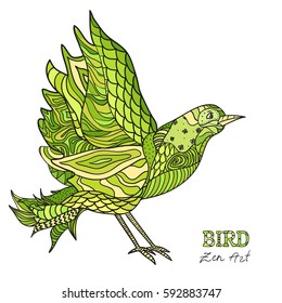 Bird. Zen art. Design Zentangle. Hand drawn bird with abstract patterns on isolation background. Design for spiritual relaxation for adults.