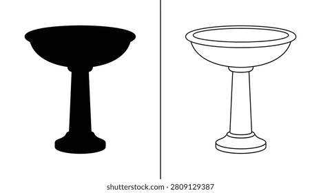 Birdbath Garden Icon with a Solid Black Silhouette and an Outlined Version for Design Elements