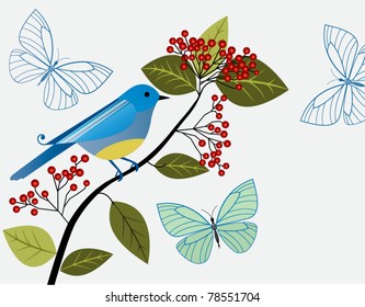 Bird,butterflies,branch,berries