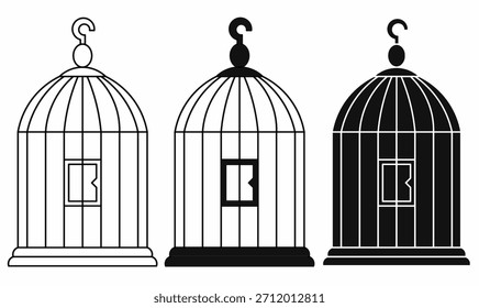 Birdcage or bird cage icon set.outline and silhouette.for house birds,pets,pet shop, freedom, captivity, home decor, and vintage themes.vector illustration isolated white background.
