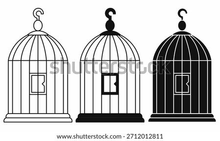 Birdcage or bird cage icon set.outline and silhouette.for house birds,pets,pet shop, freedom, captivity, home decor, and vintage themes.vector illustration isolated white background.