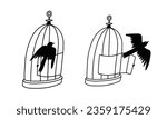 Birdcage with bird in captivity and open with bird released. Doodle handrrawn cartoon illustration in line art style. Vector icon of bird in cage and bird on the loose. Psychology metaphora of freedom
