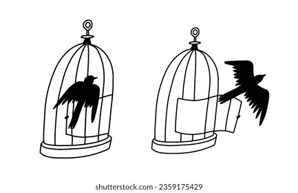 Birdcage with bird in captivity and open with bird released. Doodle handrrawn cartoon illustration in line art style. Vector icon of bird in cage and bird on the loose. Psychology metaphora of freedom