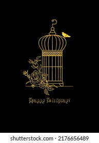 Birdcage, bird and roses vector illustration. Old style card, print or poster. Concept of birthday greeting. Golden texture on the black.