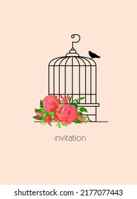 Ilustración vectorial de jaulas, aves y rosas. Tarjeta de estilo vintage, impresión o afiche. Concepto de invitación de cumpleaños o saludo. 