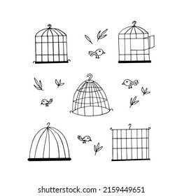 Birdcage. Hand Drawn Vector Illustration In Doodle Style. Minimalism, Monochrome. Icon, Sticker.