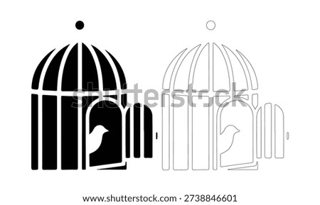 Birdcage with open door and bird inside, freedom concept simple design.