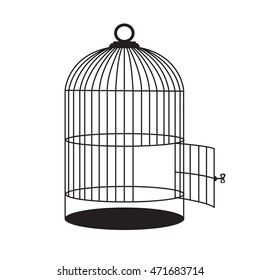 Birdcage with open door. Vector black silhouette