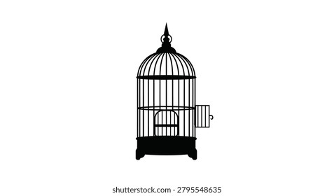 Birdcage Silhouette Against White Background Detailed Black Shape
