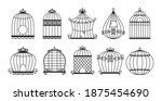 Birdcages black silhouette set. Vintage cage without birds collection. Simple products for keeping home. Monochrome decorative isolated vector illustration