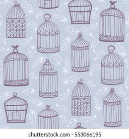 Birdcages and feathers. Seamless vector pattern. Gray background.