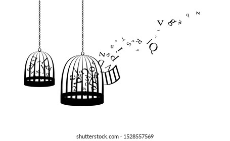 Birdcages with flying up letters. Vector decoration from scattered elements. Monochrome isolated silhouette. Conceptual illustration.