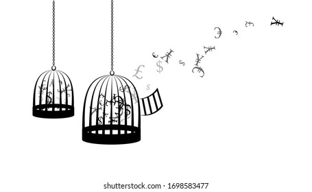 Birdcages with flying up money. Vector decoration from scattered elements. Monochrome isolated silhouette. Conceptual illustration.