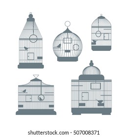 Birdcages Set Romantic Element Thin Line Set decoration. Vector illustration of five silhouette collection. Vintage Different forms line interior object