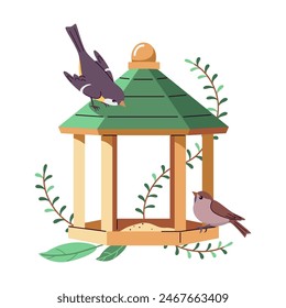 Birdfeeder with poured grains for birds 2D cartoon illustration. Handmade feeder with snacks flat line vector image on white background