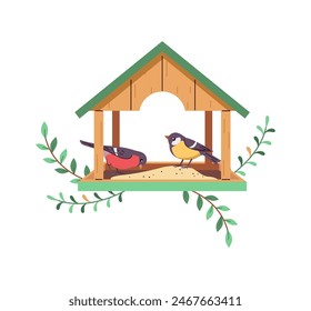 Birdfeeder with poured grains for birds 2D cartoon illustration. Handmade feeder with snacks flat line vector image on white background
