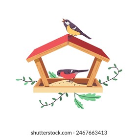 Birdfeeder with seeds and eating birds 2D cartoon illustration. Feeder for avian creatures flat line vector image on white background