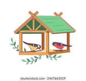 Birdfeeder with seeds and eating birds 2D cartoon illustration. Feeder for avian creatures flat line vector image on white background