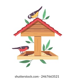 Birdfeeder with seeds and eating birds 2D cartoon illustration. Feeder for avian creatures flat line vector image on white background