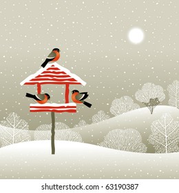 Birdfeeder in winter forest. Vector