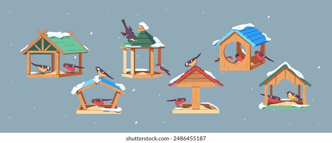 Birdfeeders with avian guests under snowfall 2D cartoon objects set. Handmade feeders for birds flat line vector elements on grey background