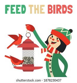 Bird-Feeding flat vector poster. Help wild birds in backyard to survive concept. Cute girl feed Red Northern cardinal by seeds cartoon design element. Nature Wildlife banner background illustration