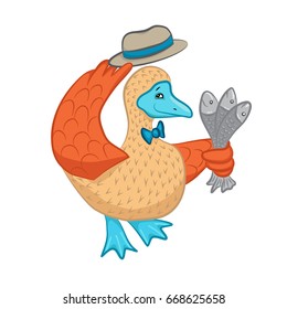 Bird-gentleman with a bunch of fish