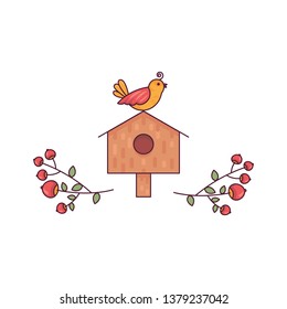 Birdhouse With Beautiful Branches Cute Flat Line Minimalist Style Vector Illustration