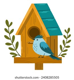 Birdhouse with a bird. Beautiful birdie. Cartoon vector illustration isolated on white background.