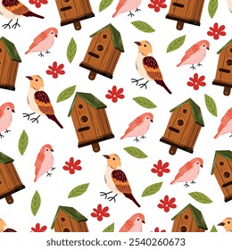 
Birdhouse with a bird. Beautiful birdie. Cartoon vector illustration seamless pattern  isolated on white background

