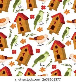 
Birdhouse with a bird. Beautiful birdie. Cartoon vector illustration seamless pattern  isolated on white background
