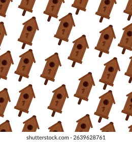 
Birdhouse with a bird. Beautiful birdie. Cartoon vector illustration seamless pattern  isolated on white background
