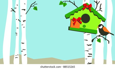 birdhouse bird in the birch