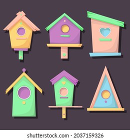Birdhouse, bird feeder of various shapes. A set of icons. A set of six wooden multi-colored birdhouses, isolated on a dark background.