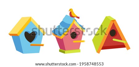 Birdhouse with bird flat cartoon set. Rural colorful garden outdoor decoration wooden birdhouse, garden concepts. Hand drawn birdbox and birdie house collection. Isolated vector illustration