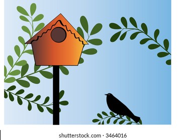 birdhouse with bird and leaves  vector