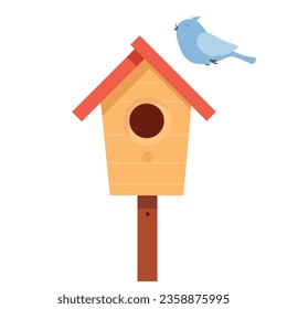 A birdhouse with a bird on the roof. Cartoon style. Vectro illustration