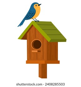 Birdhouse with a bird on the roof. Cartoon vector illustration isolated on white background.