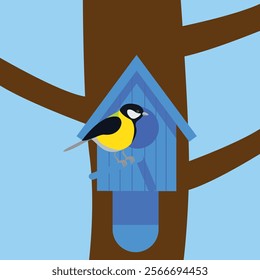 A birdhouse with a bird perched on it. Cartoon vector illustration