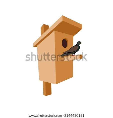Birdhouse. A bird sits on the perch of its house, preparing to hatch its chicks. A symbol of spring and care. Icon, clipart for website, postcards about spring, birds. Vector flat cartoon illustration