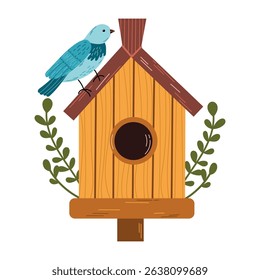 Birdhouse with a bird.Isolated vector illustration of a birdhouse with a cute bird and budding flowers on a white background, whimsical and inviting, symbolizing spring.