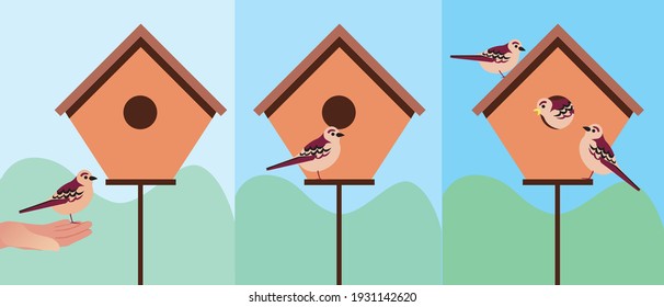 Aves de corral en el jardín. Ilustración de material vectorial plano. Casa de madera para pájaros. Las espárragos anidan. Vida silvestre, concepto de ecología. Aves para anidar. Ilustración del vector