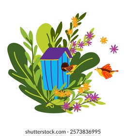 Birdhouse with birds and surrounded by lush green leaves and vibrant flowers. For spring-themed designs, greeting cards, or educational materials