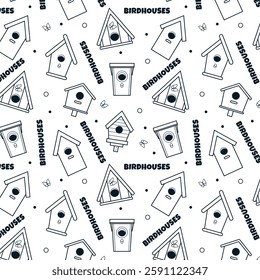 Birdhouse black and white seamless pattern. Birds nesting boxes. Perfect for nursery, poster, greeting card, packaging, wrapping, paper