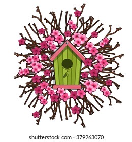 A birdhouse in the blooming branches. Vector.