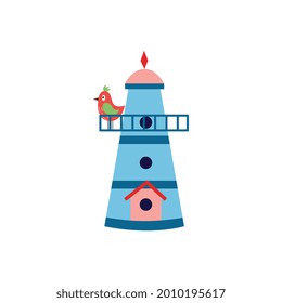 Birdhouse cartoon icon with small spring bird on roof, flat vector illustration isolated on white background. Spring prime season creative image or print.