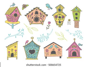 Birdhouse Clip Art, Pastel Birdhouse Illustrations, Hand Drawn Doodles