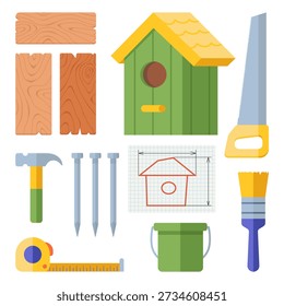 Birdhouse Construction Drawing. Сhild's drawing how to build birdhouse. Carpentry tools, drawing, draft, plan birdhouse. DIY crafts. Crafts made of wooden boards and nails. Vector illustration