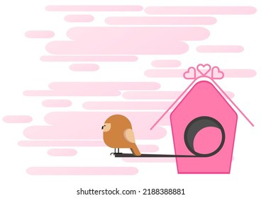 Birdhouse with cute bird. A bird sits on the perch of its house. Vector invitation card template